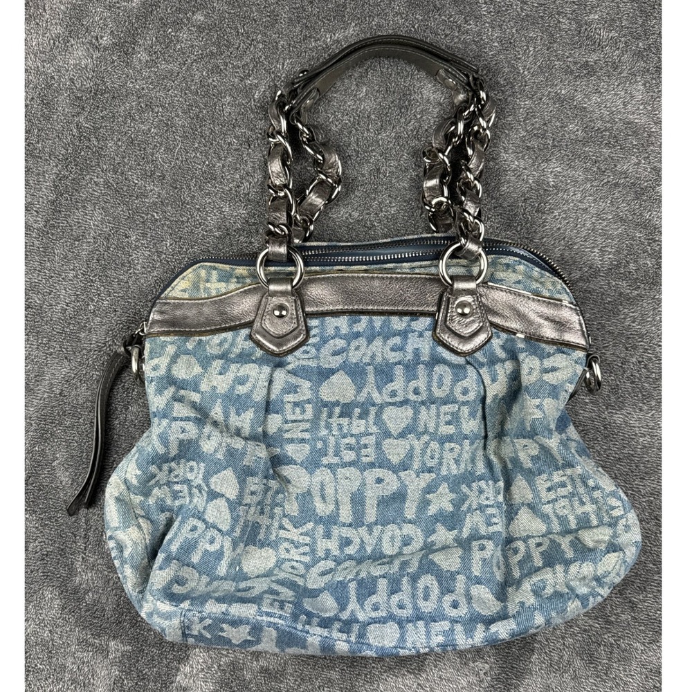 Vintage Coach Poppy Denim Logo Print Satchel Metallic Silver Trim Blue Bag Y2K - Picture 2 of 10